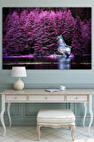 Mor Ağaşlar Ve Göl Evi Muhteşem Manzara Doğa Kanvas Tablo