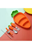 Vakumlu Silikon Mama Tabağı, Silikon Saplı Metal Uçlu Çatal Ve Kaşık ( Havuç Figürlü )