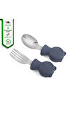 Çocuk Silikon Saplı Paslanmaz Çelik Uçlu Çatal Ve Kaşık, Saklama Kutusu (LACİVERT)