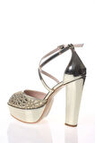 Kadın Moda Şık Gold Ayna Yüz Kristal Lazer Topuklu Düğün Nişan Gece Abiye Ayakkabı