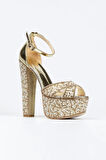 Kadın Moda Ayna Full Inci Taşlı Çapraz Klasik Topuklu Platformlu Düğün Nişan Gece Abiye Ayakkabı