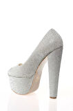 Kadın Moda Şık Gümüş Full Taş Yüksek Topuk Topuklu Düğün Nişan Gece Abiye Ayakkabı