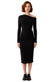 Kadın Asimetrik Yaka Siyah Bodycon Midi Elbise Aksesuar Detaylı Şık ve Modern Kokteyl Görünüm