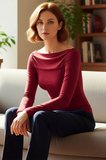 Kadın Bordo Kayık Yaka Drapeli Fitted Esnek Örme Uzun Kollu Bluz Smart Casual Günlük ve Gece