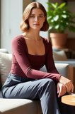 Kadın Bordo Kare Yaka Fitted Uzun Kollu Bluz Likralı Penye Süprem Dokuma Kışlık Casual Giyim İçin