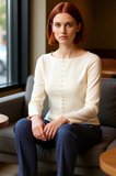 Kadın Fitted Bisiklet Yaka Uzun Kollu Düğmeli Haki Renk Esnek Dokuma Bluz Günlük Kış Modası İçin