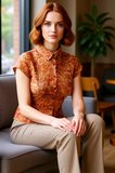 Şık Çiçek Desenli Tül Bluz Rahat Vücut Oturan Kısa Kollu Polyester Örme Günlük Kullanım İçin