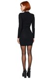 Kadın Siyah Bodycon Simli Örme Uzun Kollu Dik Yaka Anvelop Detaylı Kısa Abiye Elbise Kış Kombinleri