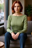 Kadın Fitted Bisiklet Yaka Uzun Kollu Düğmeli Haki Renk Esnek Dokuma Bluz Günlük Kış Modası İçin