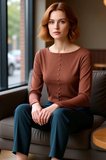 Kadın Fitted Bisiklet Yaka Uzun Kollu Düğmeli Haki Renk Esnek Dokuma Bluz Günlük Kış Modası İçin
