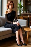 Kadın Siyah Düz Astarlı Midi Boy Bodycon Asimetrik Yaka Uzun Tül Kol Örme Elbise Şık Kışlık