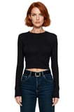 Kadın Pembe Viskon Ribana Dokulu Fitted Bisiklet Yaka Uzun Kollu Crop Bluz Günlük Kullanıma Uygun
