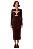Kadın Kahverengi Bodycon Midi Elbise Aksesuar Detaylı Uzun Kollu Sandy Örme Kokteyl Şıklığı