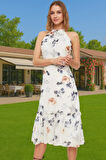 A Kesim Çiçek Desenli Şifon Midi Elbise Halter Yaka Astarlı Yazlık Uzun Ömürlü Günlük Kullanım İçin