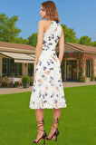A Kesim Çiçek Desenli Şifon Midi Elbise Halter Yaka Astarlı Yazlık Uzun Ömürlü Günlük Kullanım İçin