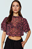 Şifon Kumaşlı Çiçek Desenli Bisiklet Yaka Crop Bluz Yazlık Casual Özel Tasarım Uzun Ömürlü