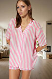 Kadın Şık Çizgili Viskon Pijama Takımı Rahat Ev Giyim Seti Görünüm Konforlu Kesim