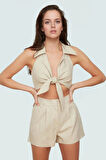 Kadın Keten Karışımlı Bağlamalı Bluz Şort Takım Yazlık Plaj Modası Uzun Ömürlü Özenle Seçilmiş