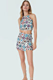 Çok Geometrik Desenli Fitted Halter Yaka Bluz ve Mini Etek Yaz Takımı Modern Stil