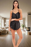 Kadın İnce Askılı Dantelli Crop Saten Pijama Takımı Günlük Kullanım İçin Rahat