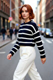 Kadın Oversize Bisiklet Yaka Çizgili Crop Triko Kazak Düşük Kollu Rahat Kışlık Kombinler İçin