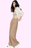 Kadın Geniş Paça Örme Pantolon Yüksek Bel Beli Lastikli Slogan Desenli Kışlık Günlük Kullanım