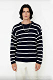 Erkek Oversize Bisiklet Yaka Çizgili Selanik Dokuma Kalın Akrilik Kışlık Kazak Konforlu Stil