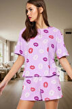 Kadın Dudak Desenli Pamuklu Kısa Kollu Pijama Takımı Rahat Ev Giyim Yaz Modern Stil Kaliteli İşçilik