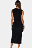 Şık Bodycon V Yaka Örme Midi Elbise Polyester Elastan Kumaştan Gündüz Ve Gece Rahat Kullanım