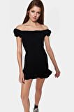 Şık Mini Elbise 85% Viskoz 15% Poliamid Kumaş Balon Kol Bodycon Kalıp Trend Tasarım