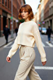 Kadınlar İçin Oversize Crop Bisiklet Yaka Fitilli Uzun Kollu Basic Akrilik Triko Kazak İlkbahar