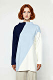 Kadın Relaxed Kalıp Dik Yaka Renk Bloklu Triko Kazak Kış Sezonu İçin Şık Ve Konforlu Düşük Kol