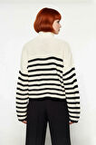 Kadın Oversize Dik Yaka Çizgili Triko Kazak Düşük Kollu Crop Kesim Günlük Şık Kış Stili Kaliteli
