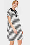 Çizgili Viskoz Karışımlı Polo Yaka Kısa Kollu A Kesim Elbise Özel Tasarım Zarifane