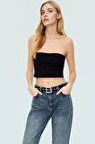 Fitted Straplez Yaka Crop Örme Bluz Rahat Günlük Stil Dayanıklı Malzeme Seçkin