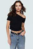 Crop Kısa Kollu Örme Bluz Asimetrik Yaka Günlük Stil Uzun Ömürlü Konforlu Kesim Mükemmel Uyum