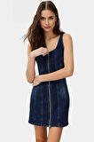 Denim Bisiklet Yaka Fitted Mini Elbise 99 Pamuk Rahat Günlük Dayanıklı Malzeme Zarifane Tasarım