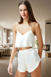 Kadın İnce Askılı Dantelli Crop Saten Pijama Takımı Günlük Kullanım İçin Rahat