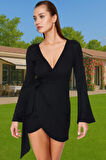 Kadın Krep Dokuma Uzun Kollu Mini Elbise Bağlamalı V Yaka Plaj Rahat Kullanım Mükemmel Uyum