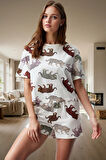 Kadın Yazlık Kısa Kollu Pamuklu Pijama Takımı Kaplan Desenli Rahat Kaliteli İşçilik
