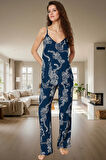 Kadın V Yaka İnce Askılı Kaplan Desenli Viskoz Pijama Takımı Modern Stil Şık Görünüm Seçkin Malzeme