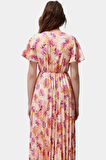 Çiçekli Desenli Midi Boy Piliseli Elbise 95% Polyester Rahat Günlük Stil Yüksek Kalite
