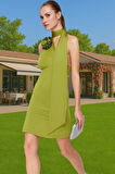 Şık Yeşil Örme Mini Abiye Elbise Asimetrik Yaka Polyester Yazlık Özenle Seçilmiş Modern Stil