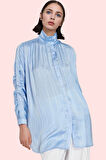 Kadın Büzgülü Kol Detaylı Çizgili Gömlek Rahat Kesim Günlük Kullanım Yaz Aylarının Vazgeçilmezi