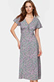 Yazlık Çiçek Desenli A Kesim Midi Elbise V Yaka Viskoz Kumaş Rahat Günlük Mükemmel Uyum Şık Görünüm