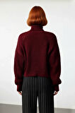 Kadın Oversize Fitilli Bordo Balıkçı Yaka Uzun Reglan Kollu Crop Akrilik Triko Kazak Kaliteli