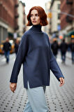 Kadın Oversize Balıkçı Yaka Düşük Kol Akrilik Triko Kazak Kış Sezonu İçin Uzun Basic Model