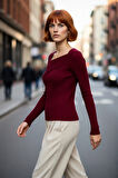 Kadın Asimetrik Yaka Fitilli Triko Kazak Fitted Kalıp Uzun Kollu Basic Şık Günlük Kombinler İçin