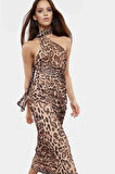 Leopar Desenli Midi Boy Tül Elbise Bodycon Kalıp Yazlık Astarlı Profesyonel Görünüm Modern Stil