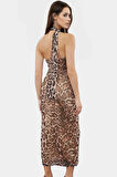 Leopar Desenli Midi Boy Tül Elbise Bodycon Kalıp Yazlık Astarlı Profesyonel Görünüm Modern Stil